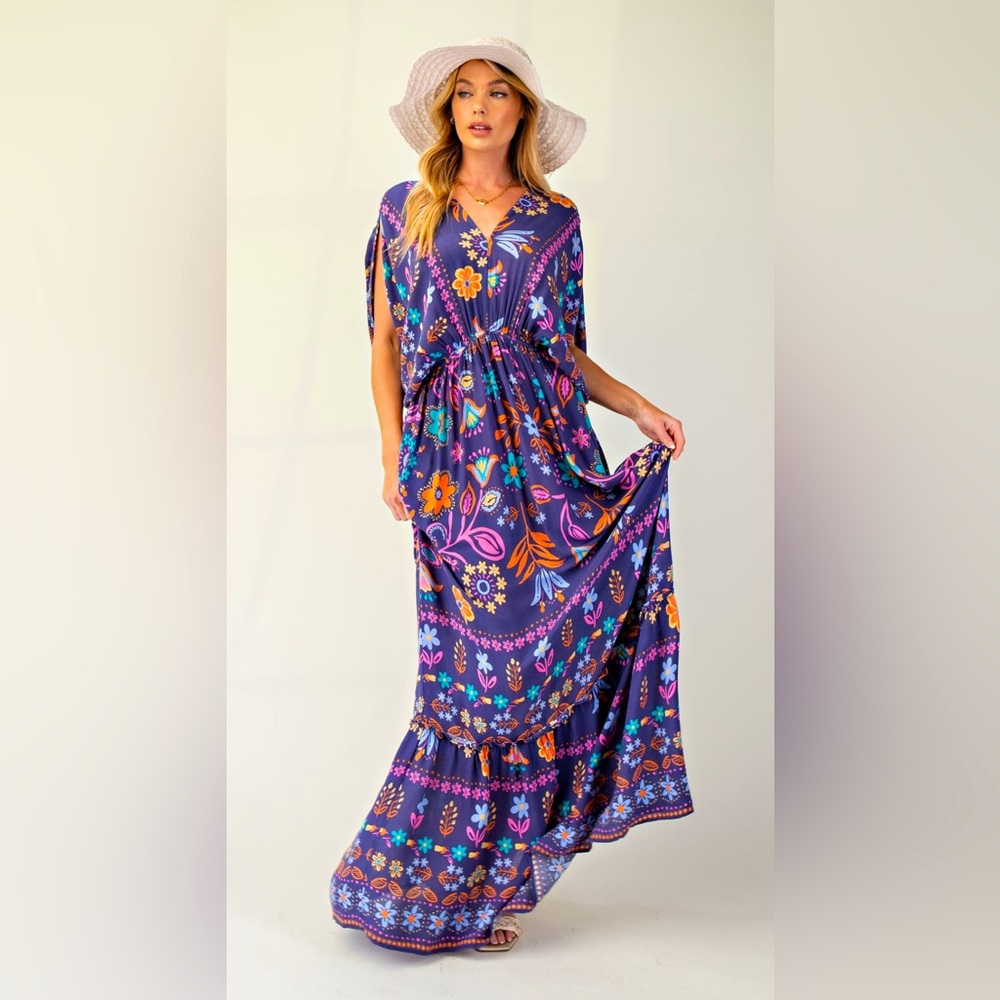 Easel Dolman Sleeve Printed Gauze Maxi Dress